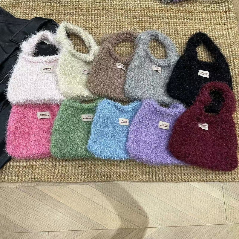 Hairy Knitted Handbag Cute Bucket Bag Solid Color All-Match Hand Bag Soft Waxy Touch - Image 2